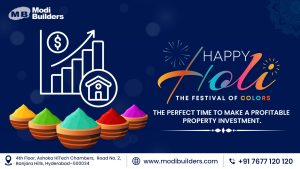 Holi 2026 property investment opportunity in Hyderabad with modern residential apartments and festive celebration theme